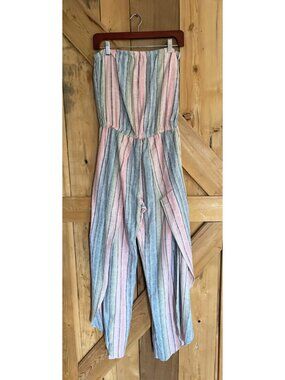Drew Linen Blend Striped Jumpsuit Strapless Tulip Leg Casual S, Boho, Festival